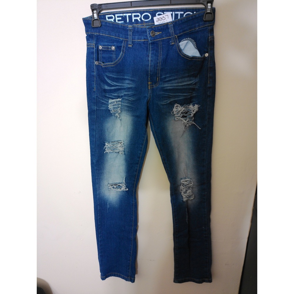 Retro Stitch Distressed Jeans Youth 14 Blue Slim Fit Ripped Edgy Streetwear